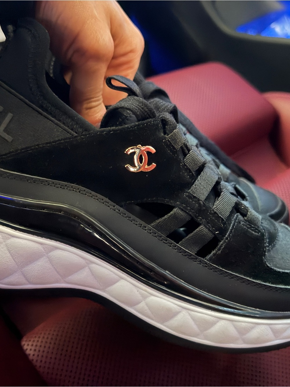 CHANEL Black Suede & Leather Athletic Sneakers with Gold CC Accent
Size 37
